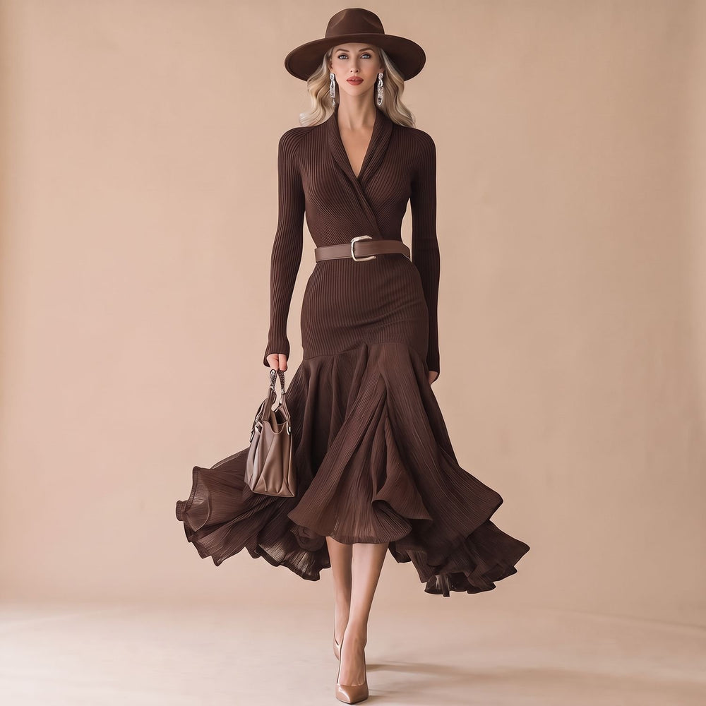 Women's Ribbed Long Sleeve Mermaid Hem Midi Dress