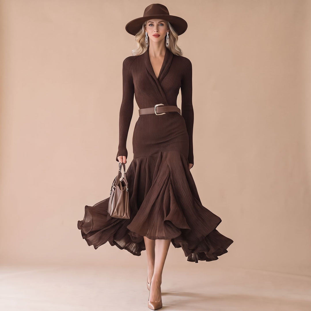 Women's Ribbed Long Sleeve Mermaid Hem Midi Dress