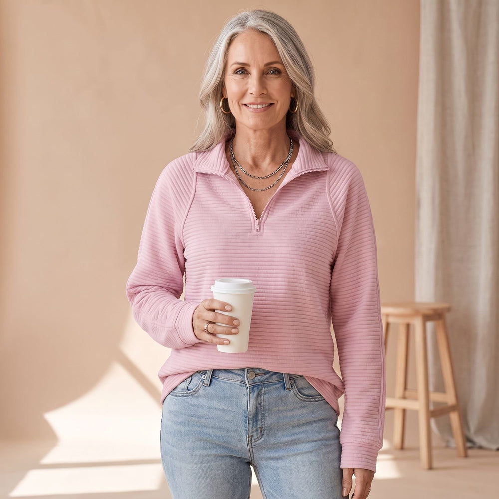 Women's Ribbed Relaxed-Fit Quarter-Zip Pullover Sweater - Pink