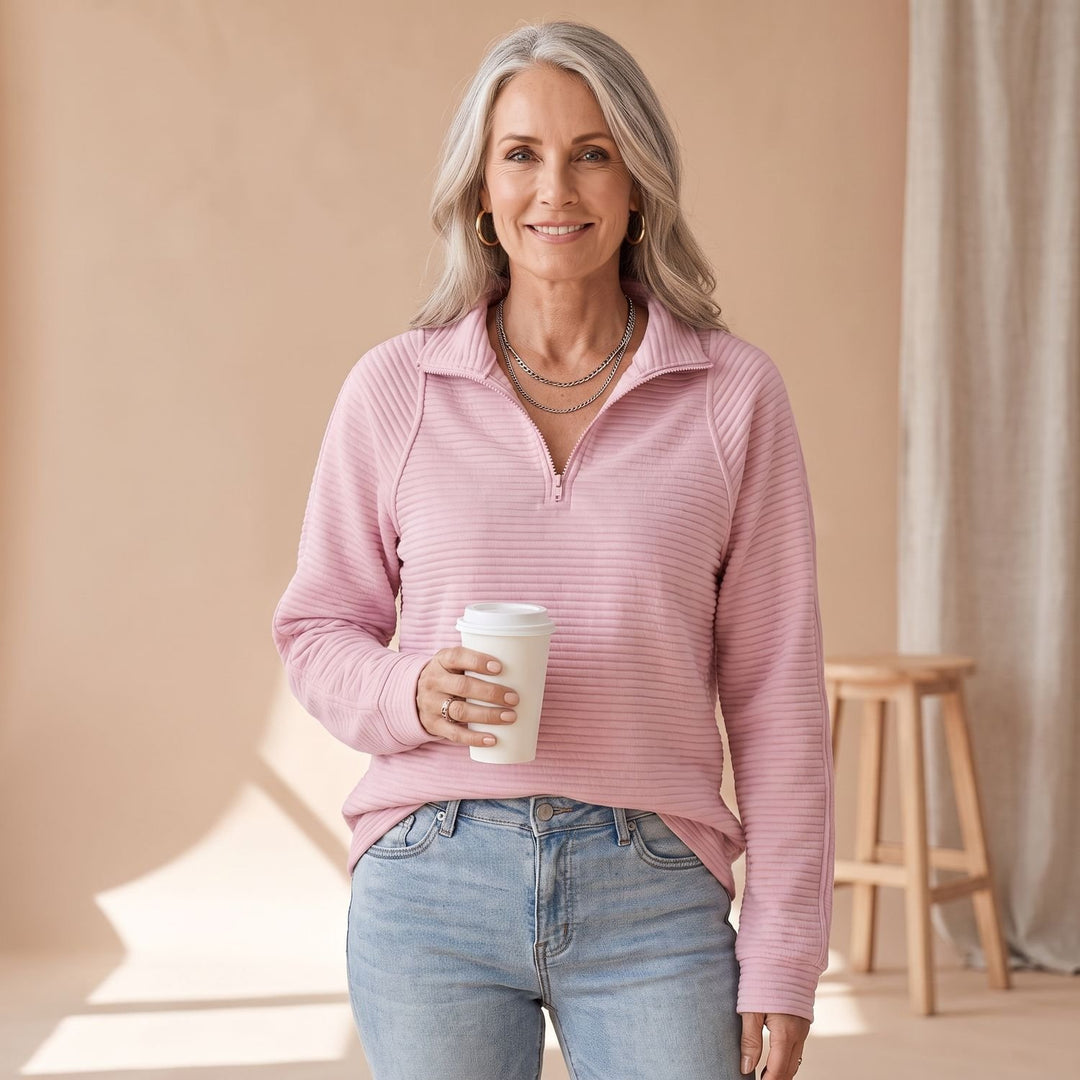 Women's Ribbed Relaxed-Fit Quarter-Zip Pullover Sweater - Pink