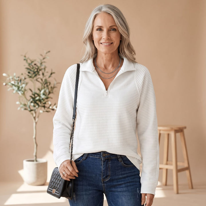Women's Ribbed Relaxed-Fit Quarter-Zip Pullover Sweater - White