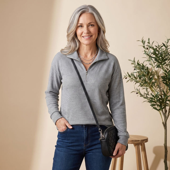 Women's Ribbed Relaxed-Fit Quarter-Zip Pullover Sweater - Gray