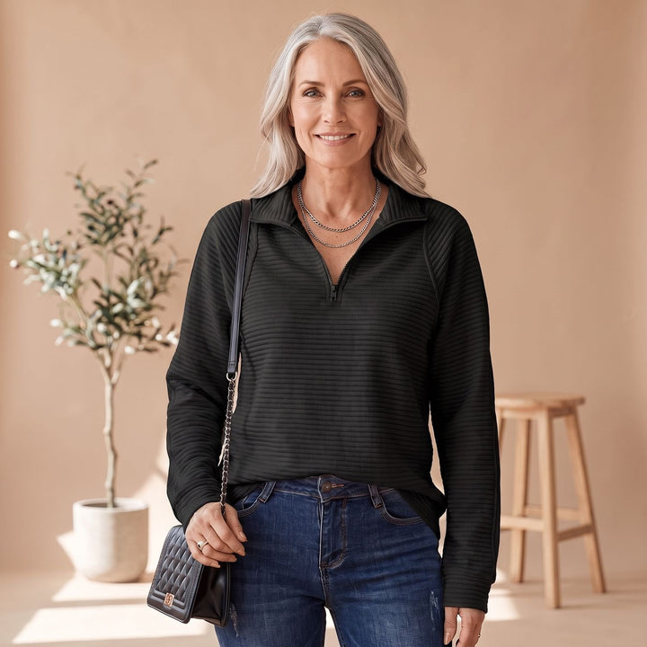 Women's Ribbed Relaxed-Fit Quarter-Zip Pullover Sweater - Black