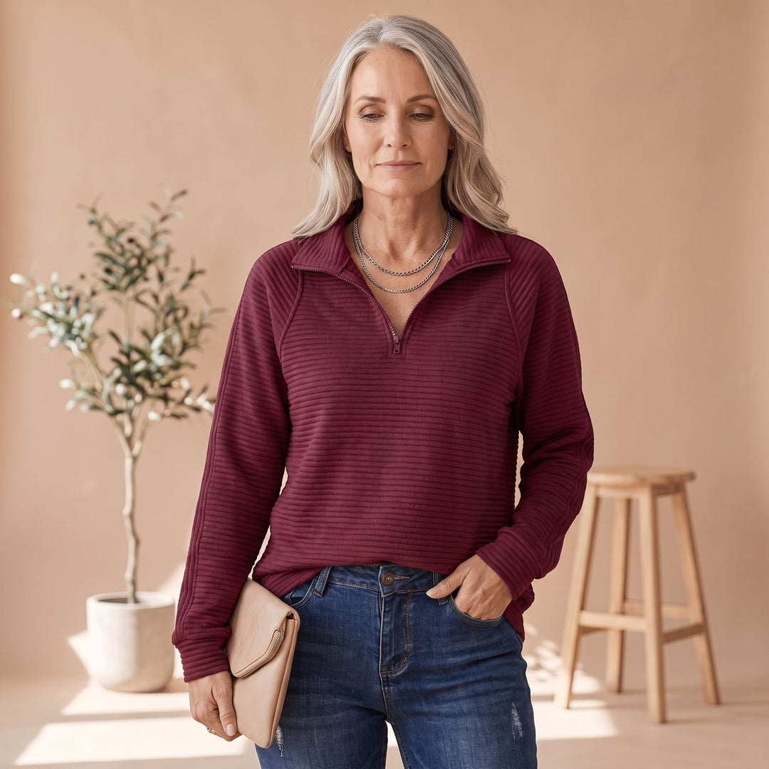 Women's Ribbed Relaxed-Fit Quarter-Zip Pullover Sweater - Red