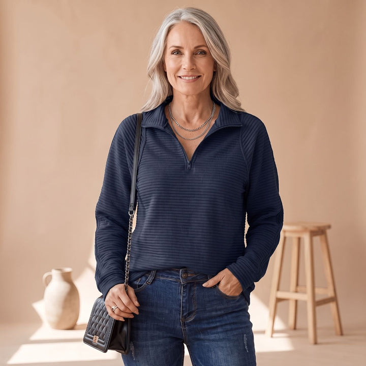 Women's Ribbed Relaxed-Fit Quarter-Zip Pullover Sweater - Navy