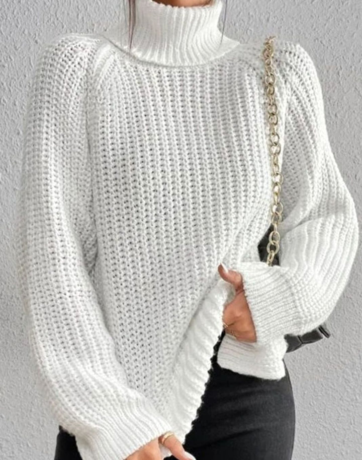 Women's Ribbed Turtleneck Sweater Long-Sleeve Chunky Knit Pullover - White
