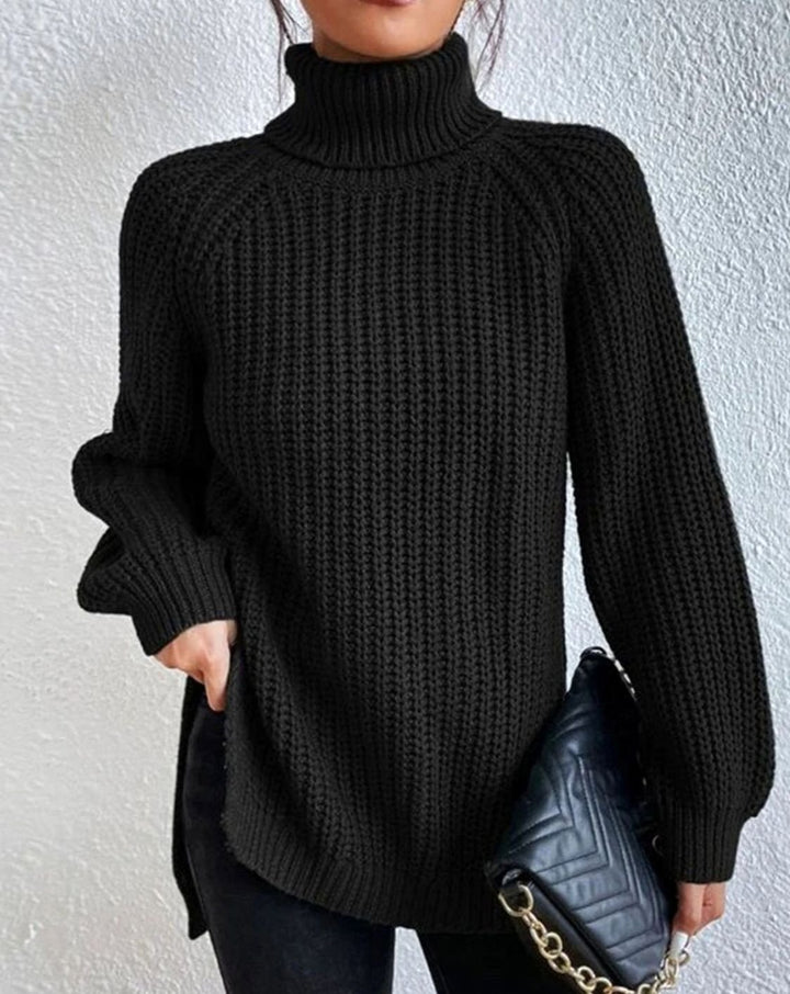 Women's Ribbed Turtleneck Sweater Long-Sleeve Chunky Knit Pullover - Black