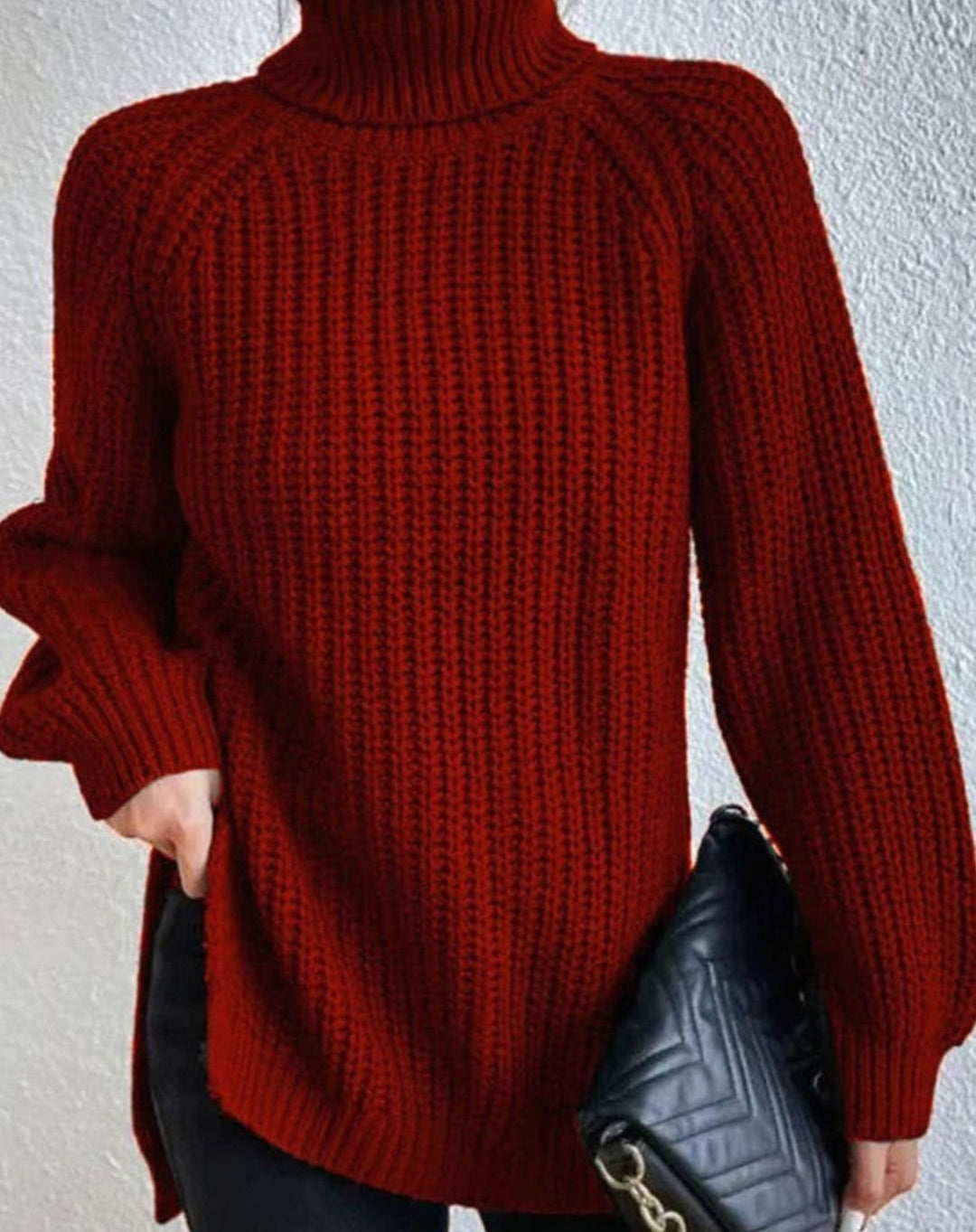 Women's Ribbed Turtleneck Sweater Long-Sleeve Chunky Knit Pullover - Burgundy