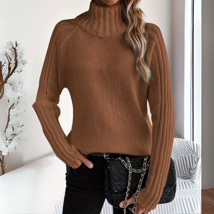 Women's Ribbed Turtleneck Sweater Relaxed Raglan Pullover - Brown
