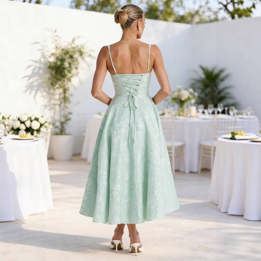 Women's Ruched Bodice Jacquard Midi Cocktail Dress Flared Skirt