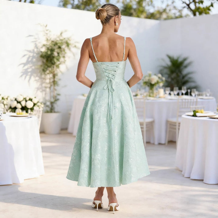 Women's Ruched Bodice Jacquard Midi Cocktail Dress Flared Skirt
