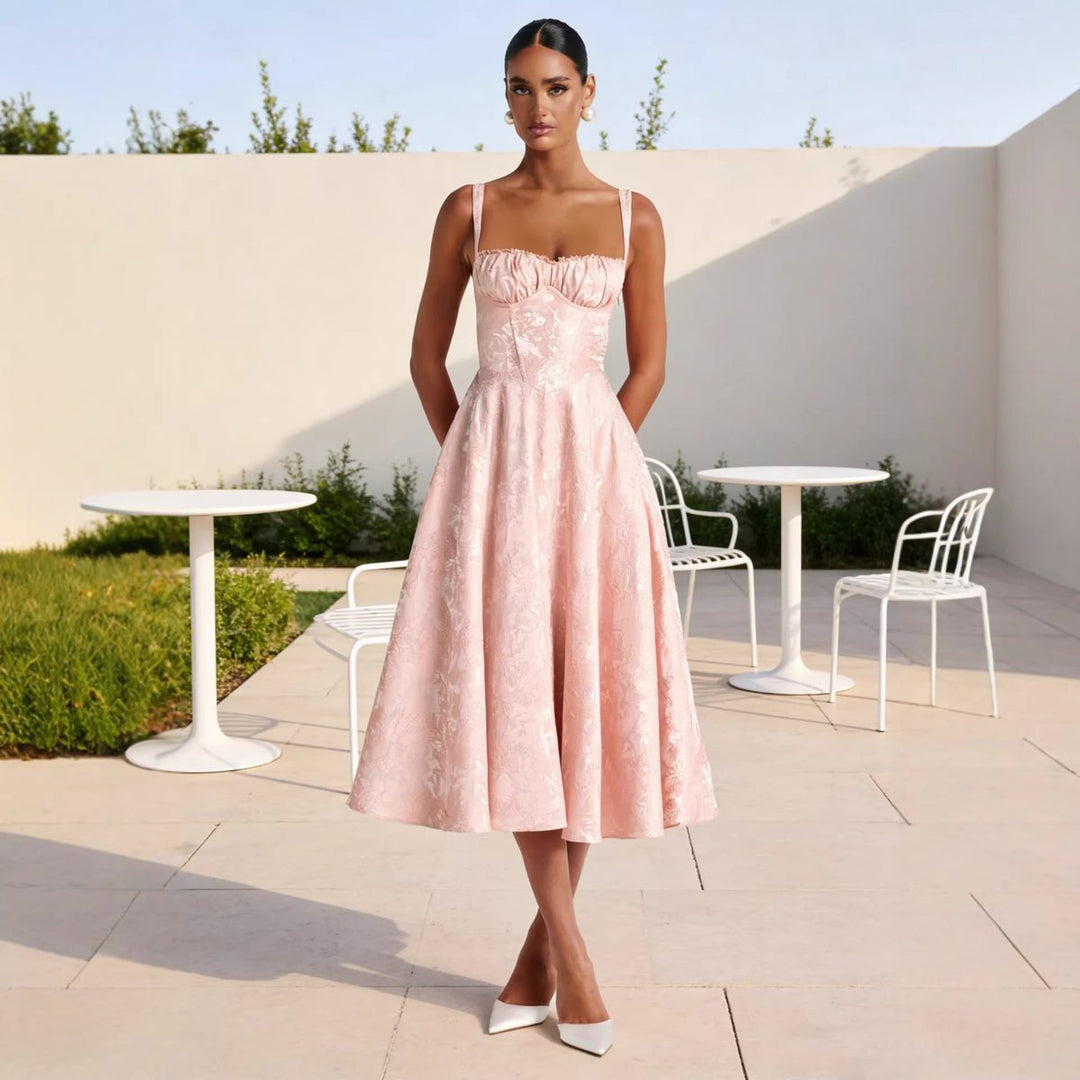 Women's Ruched Bodice Jacquard Midi Cocktail Dress Flared Skirt