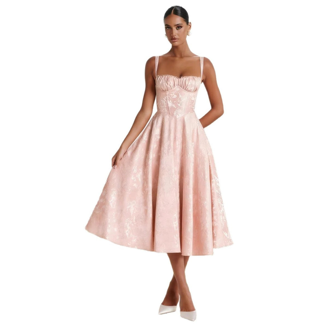 Women's Ruched Bodice Jacquard Midi Cocktail Dress Flared Skirt