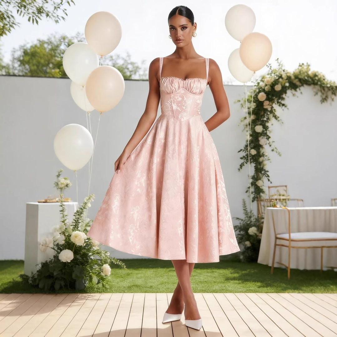 Women's Ruched Bodice Jacquard Midi Cocktail Dress Flared Skirt - Blush Pink