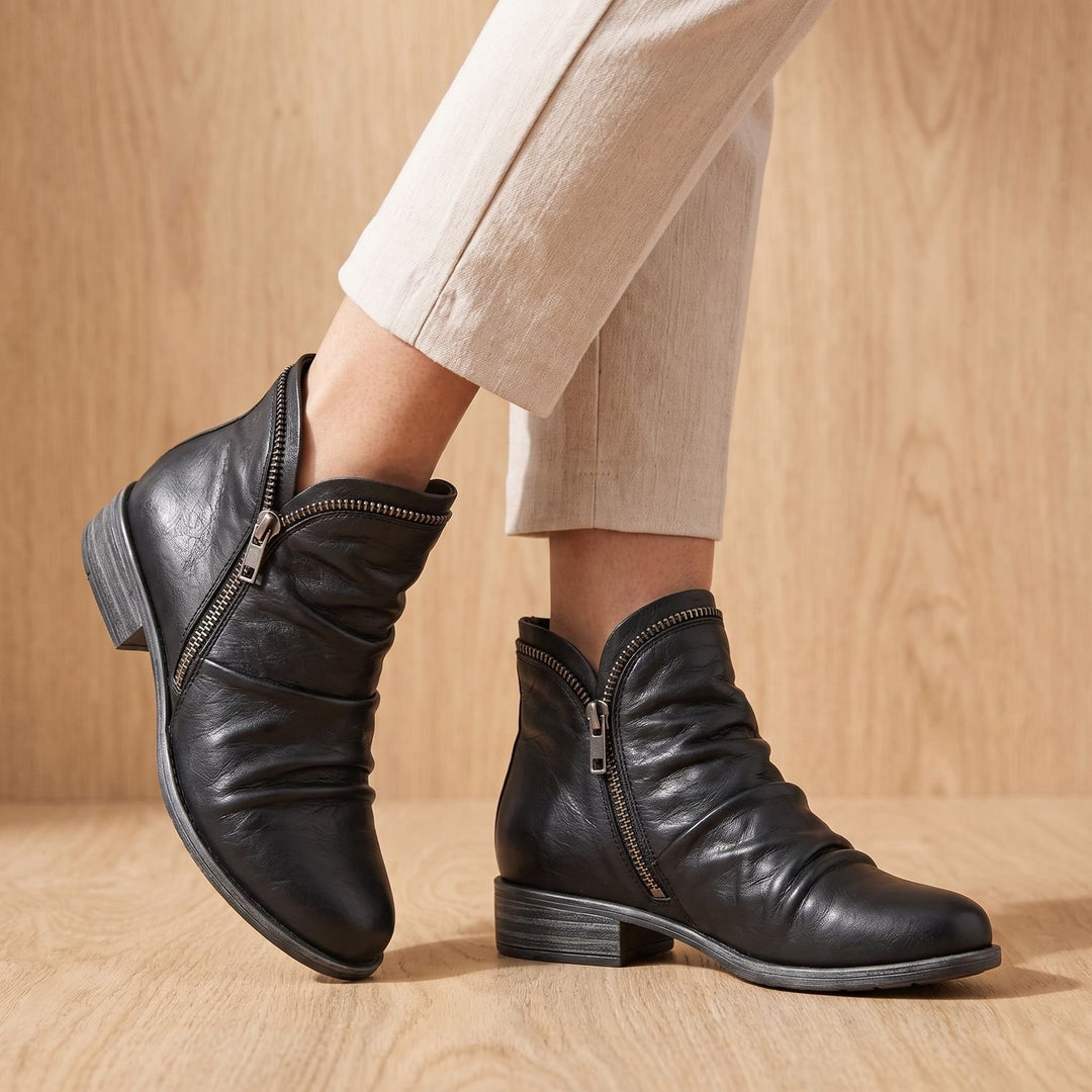 Women's Ruched Side-Zip Flat Ankle Boots