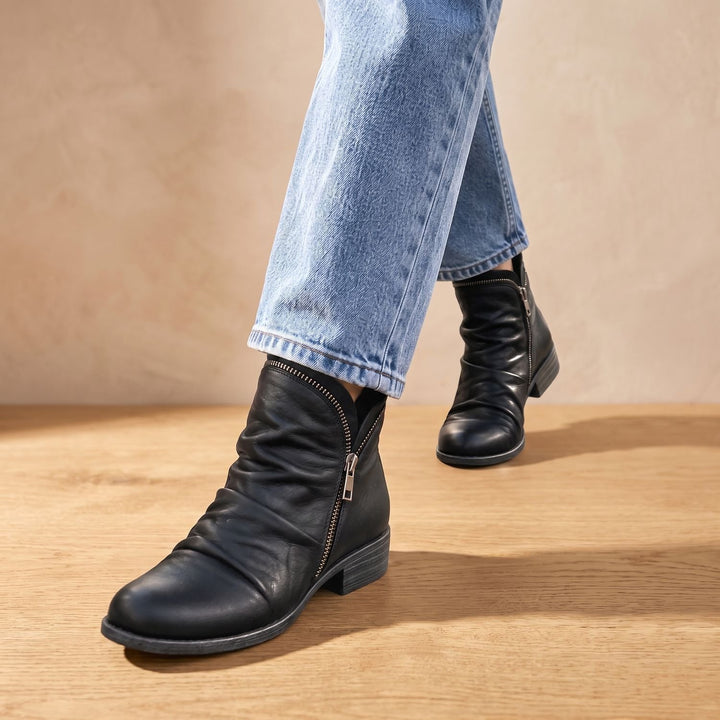 Women's Ruched Side-Zip Flat Ankle Boots