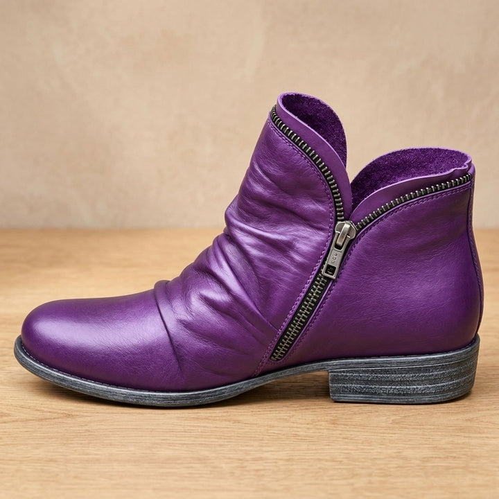 Women's Ruched Side-Zip Flat Ankle Boots - Purple