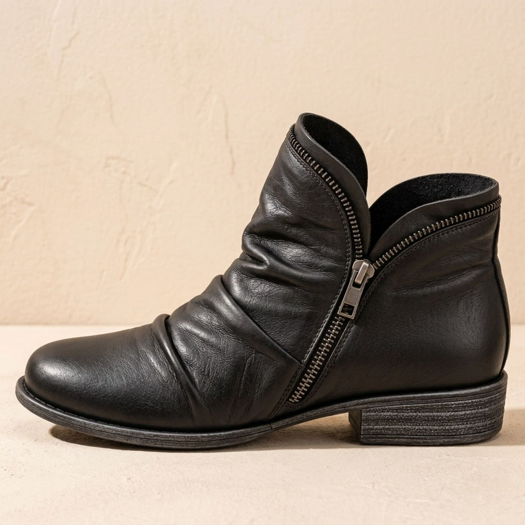 Women's Ruched Side-Zip Flat Ankle Boots - Black