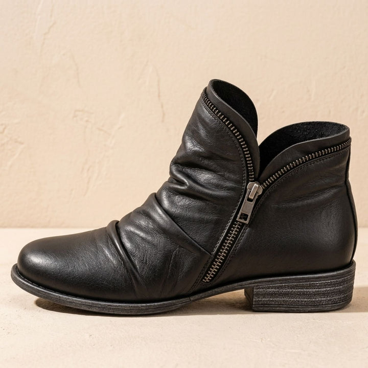 Women's Ruched Side-Zip Flat Ankle Boots - Black