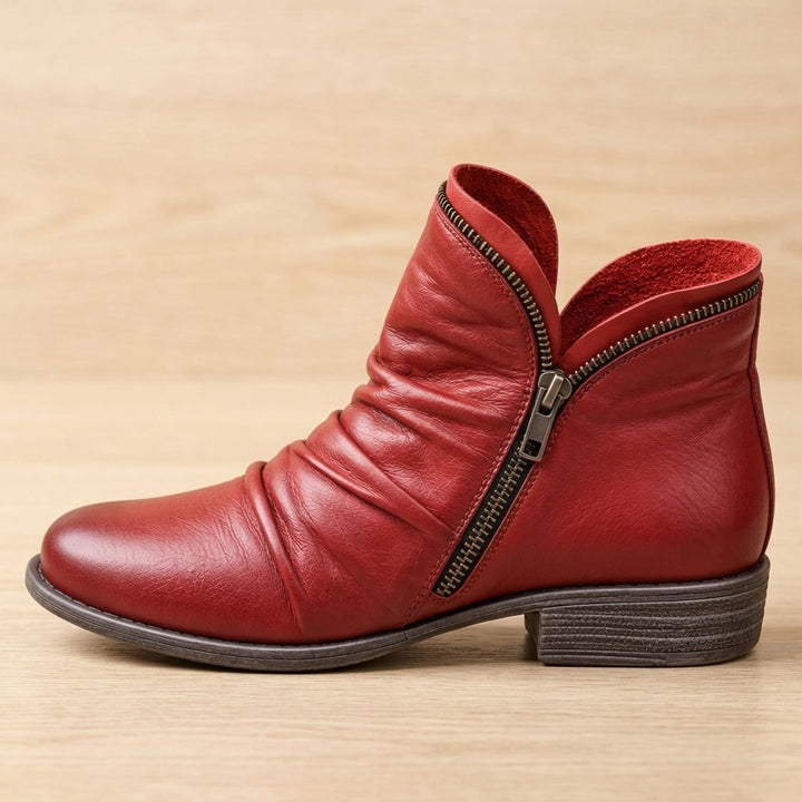 Women's Ruched Side-Zip Flat Ankle Boots - Red
