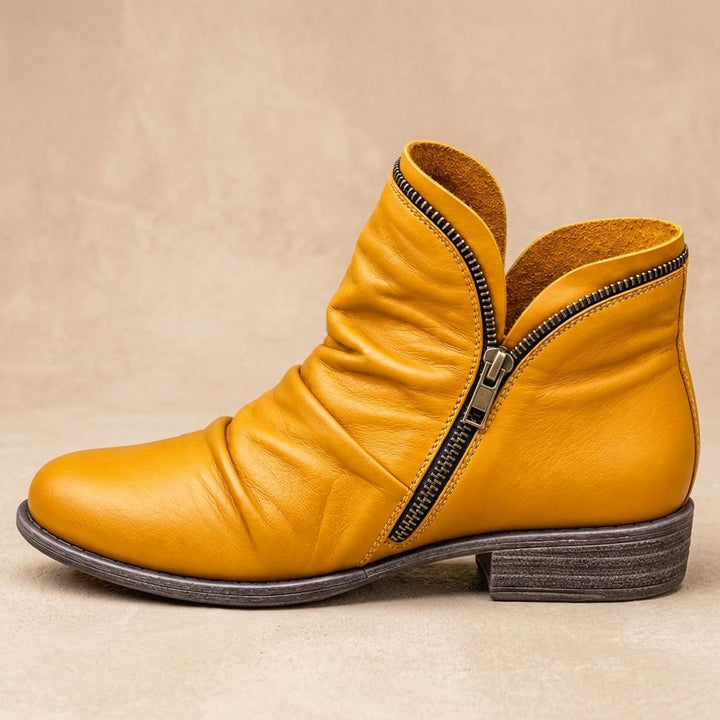 Women's Ruched Side-Zip Flat Ankle Boots - Tan