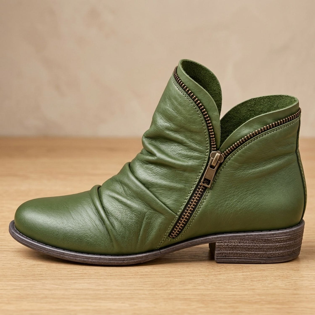 Women's Ruched Side-Zip Flat Ankle Boots - Green