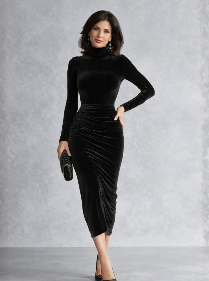 Women's Ruched Velvet Turtleneck Midi Cocktail Dress - Black