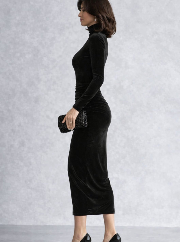 Women's Ruched Velvet Turtleneck Midi Cocktail Dress