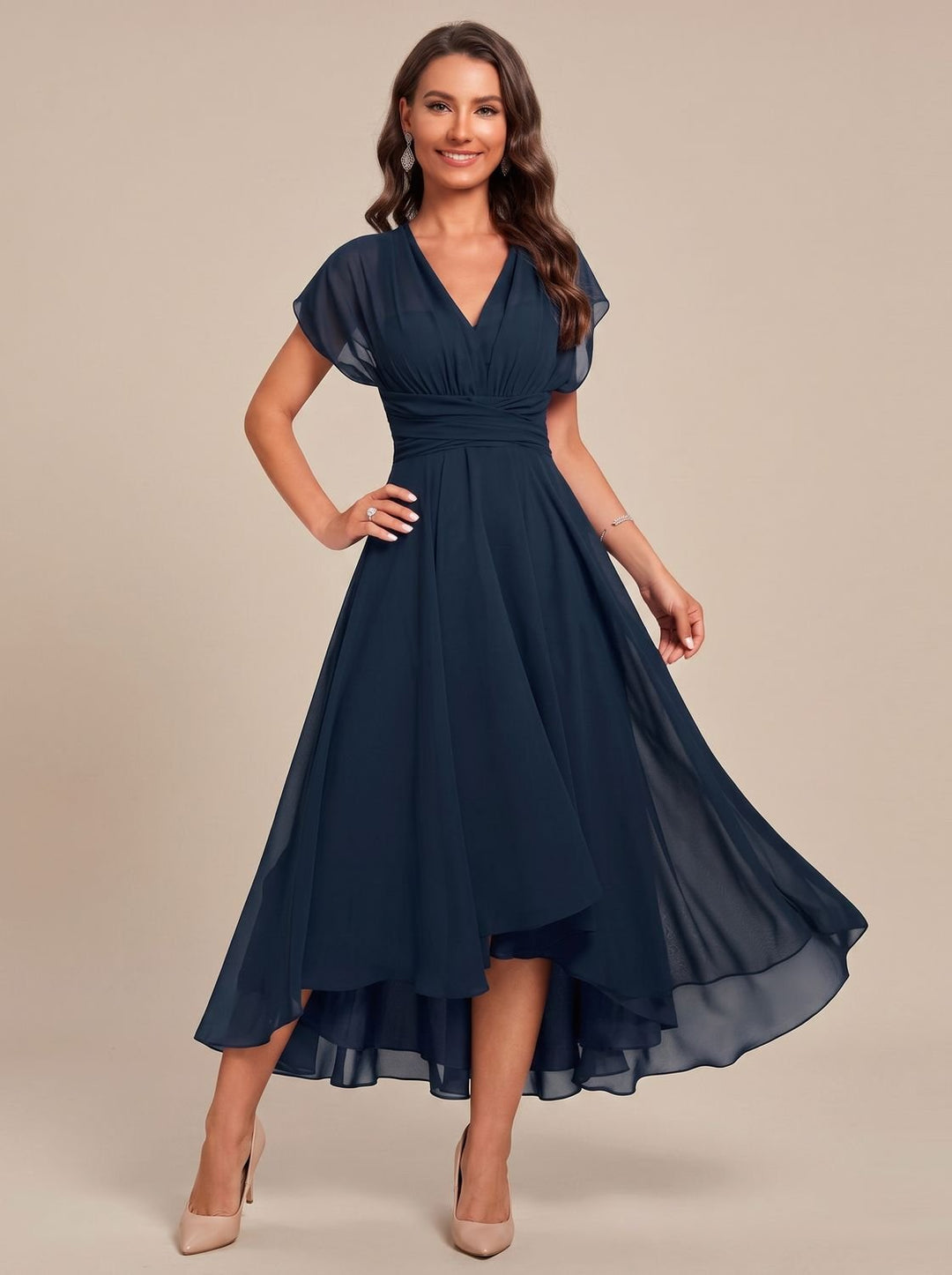 Women's Ruched-Waist V-Neck Chiffon A-Line Midi Dress - Blue