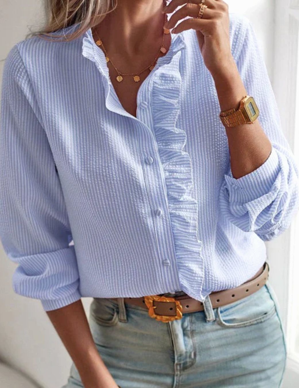 Women's Ruffle-Front Button-Up Long-Sleeve Work Blouse - Blue