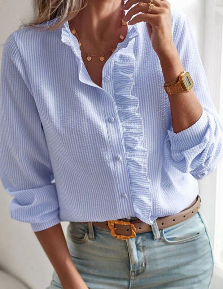 Women's Ruffle-Front Button-Up Long-Sleeve Work Blouse - Blue