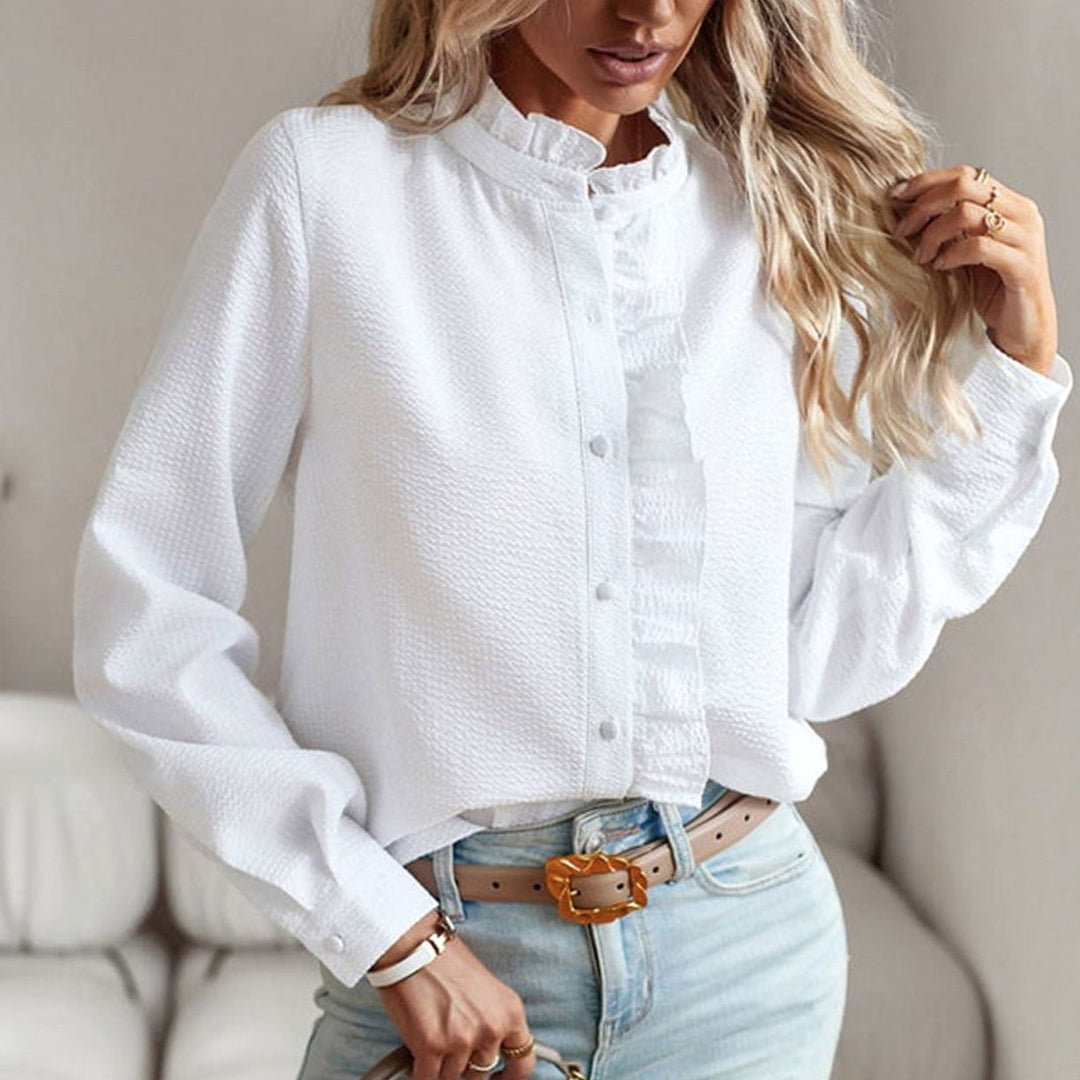 Women's Ruffle-Front Button-Up Long-Sleeve Work Blouse - White