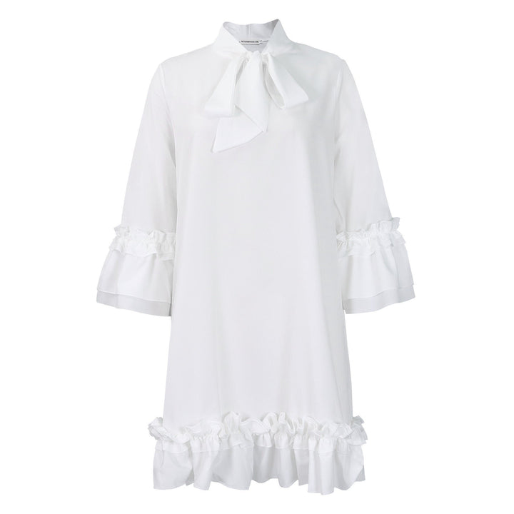 Women's Ruffle-Hem Bow-Neck Tunic Mini Dress - Weiß