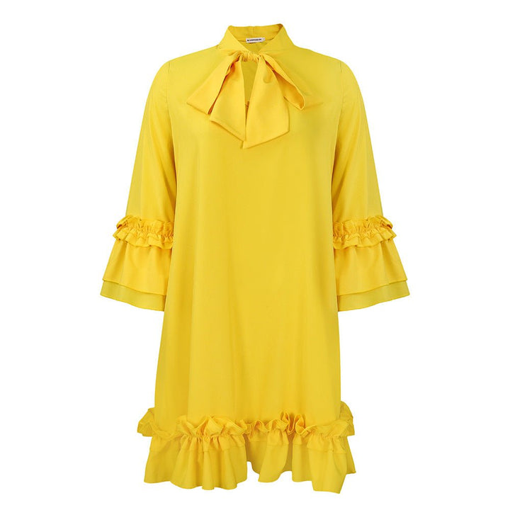 Women's Ruffle-Hem Bow-Neck Tunic Mini Dress - Gelb