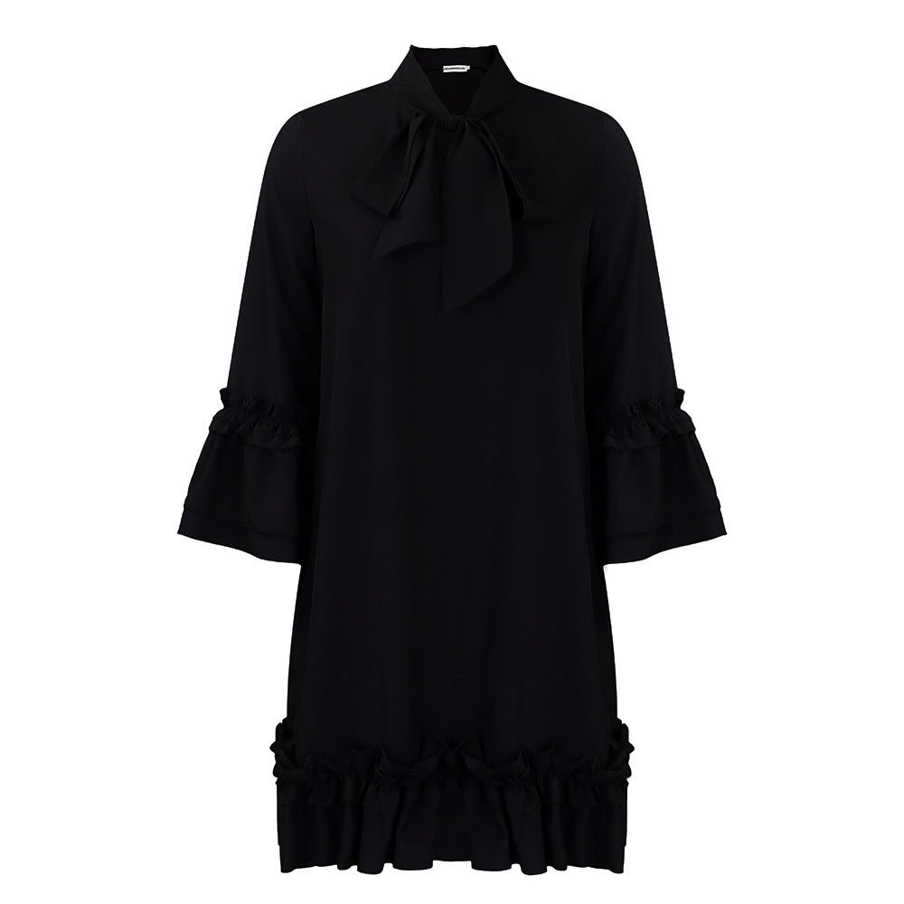 Women's Ruffle-Hem Bow-Neck Tunic Mini Dress - Schwarz