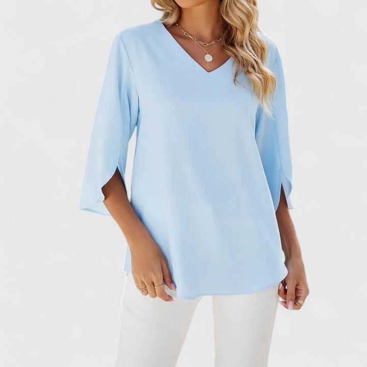 Women's Ruffle V-Neck Half-Sleeve Chiffon Blouse - Classic Blue