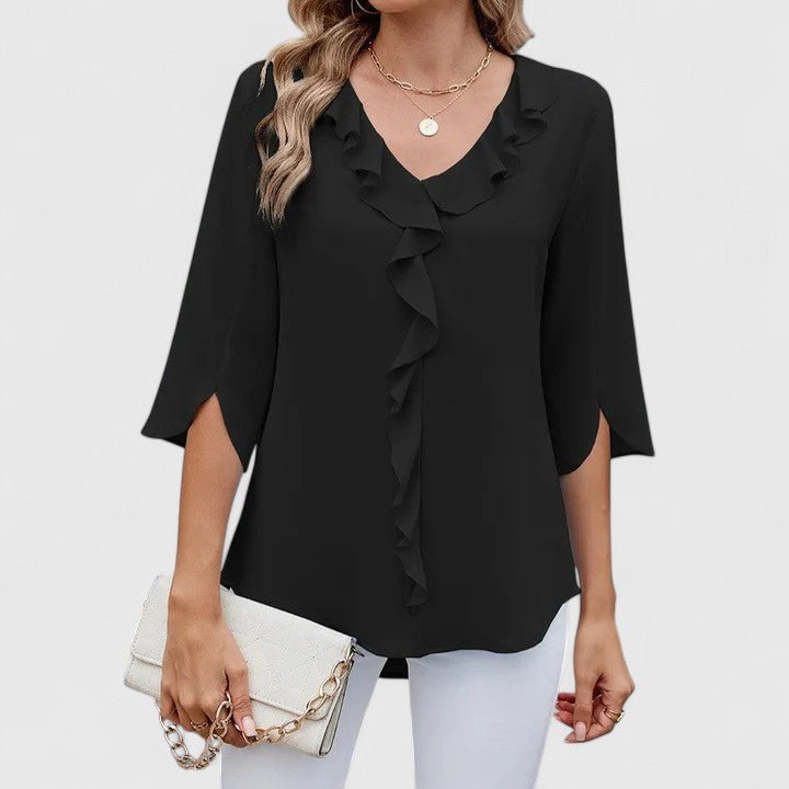 Women's Ruffle V-Neck Half-Sleeve Chiffon Blouse - Black