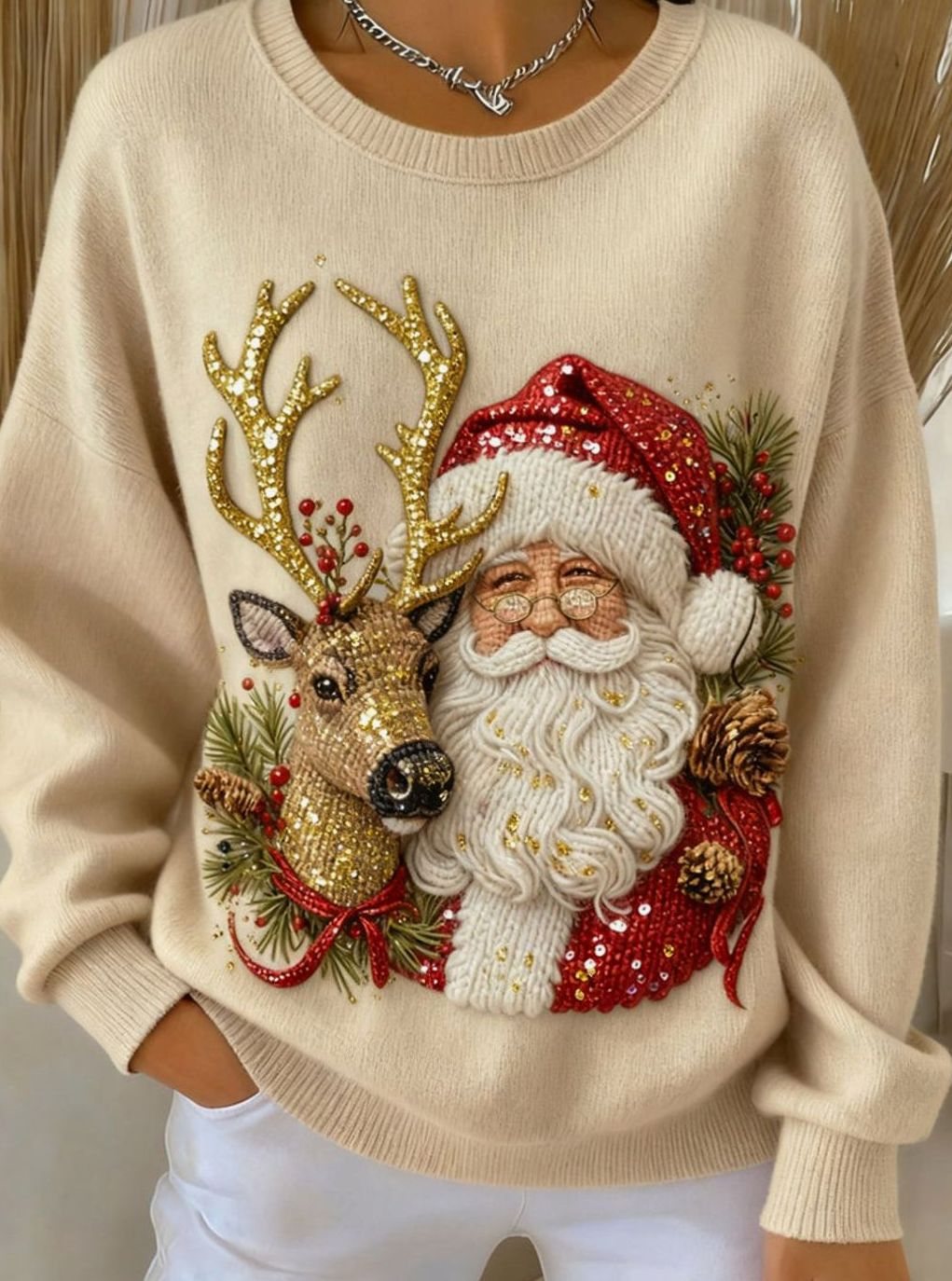 Women's Santa Claus Reindeer Sequin Graphic Christmas Sweater - Multicolored