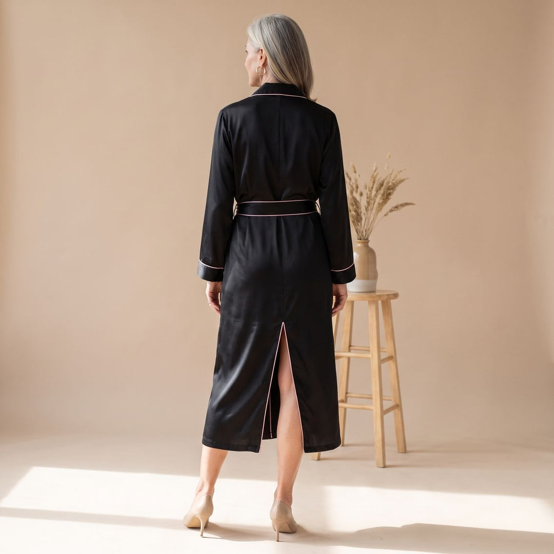 Women's Satin Belted Long-Sleeve Contrast-Trim Robe