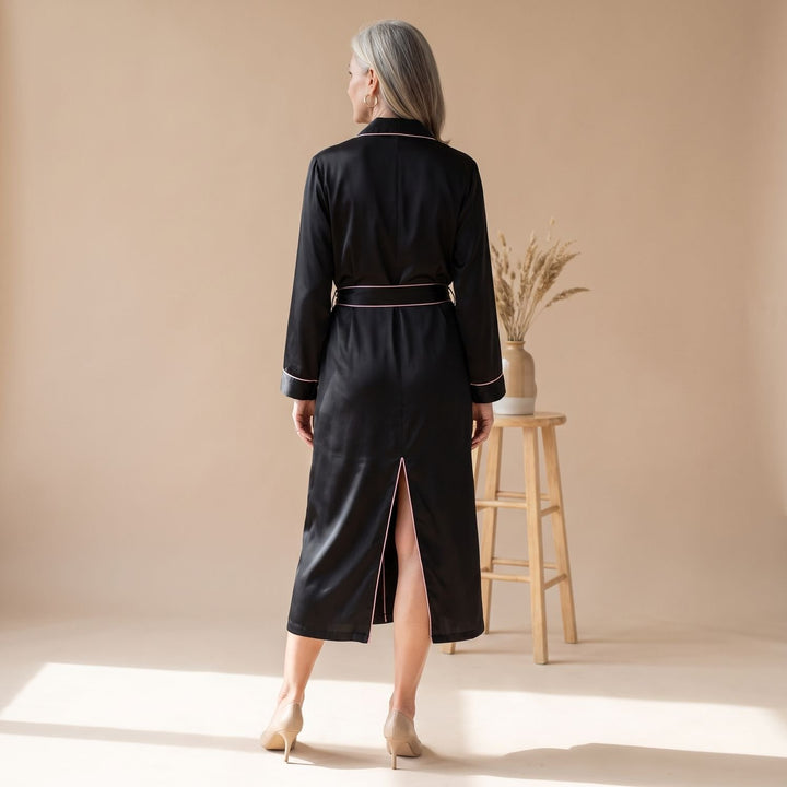 Women's Satin Belted Long-Sleeve Contrast-Trim Robe