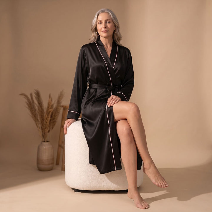 Women's Satin Belted Long-Sleeve Contrast-Trim Robe