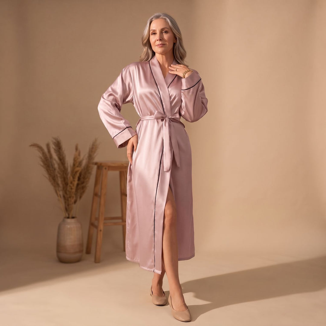 Women's Satin Belted Long-Sleeve Contrast-Trim Robe