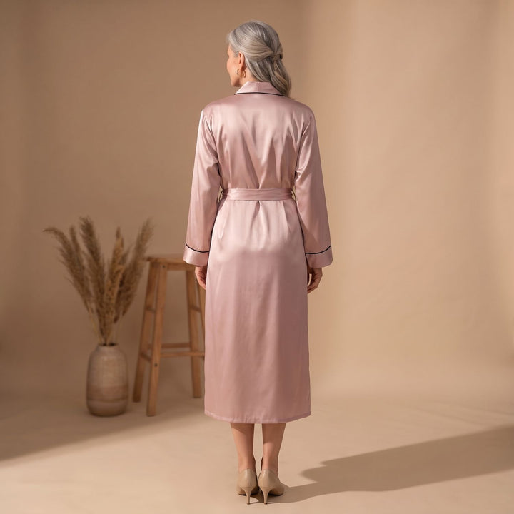 Women's Satin Belted Long-Sleeve Contrast-Trim Robe