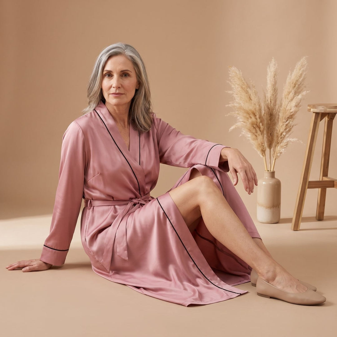 Women's Satin Belted Long-Sleeve Contrast-Trim Robe
