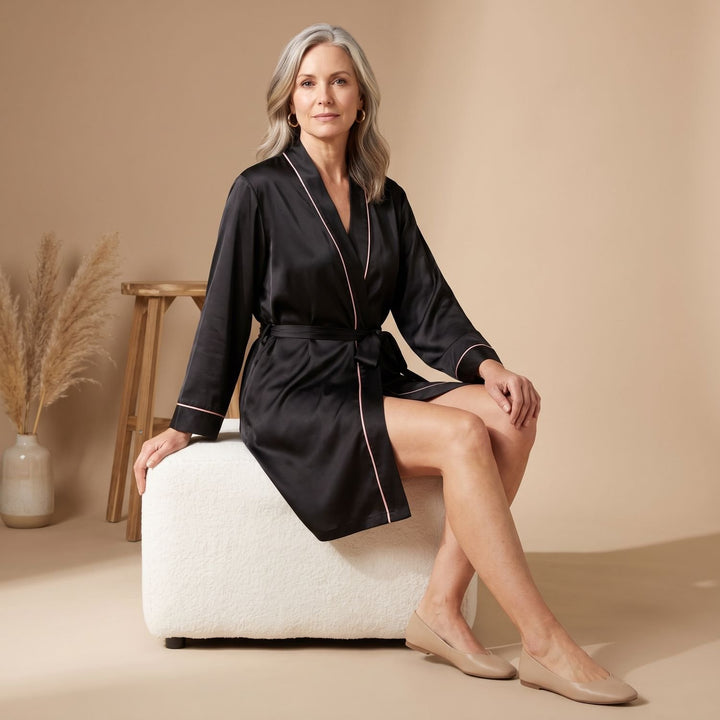 Women's Satin Belted Long-Sleeve Contrast-Trim Robe - Black