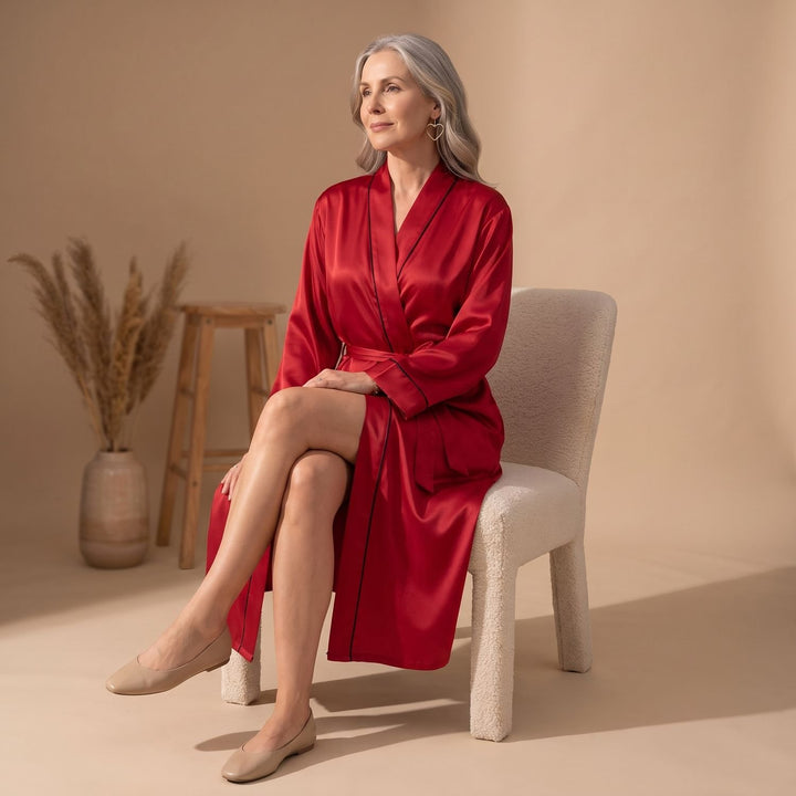 Women's Satin Belted Long-Sleeve Contrast-Trim Robe - Red