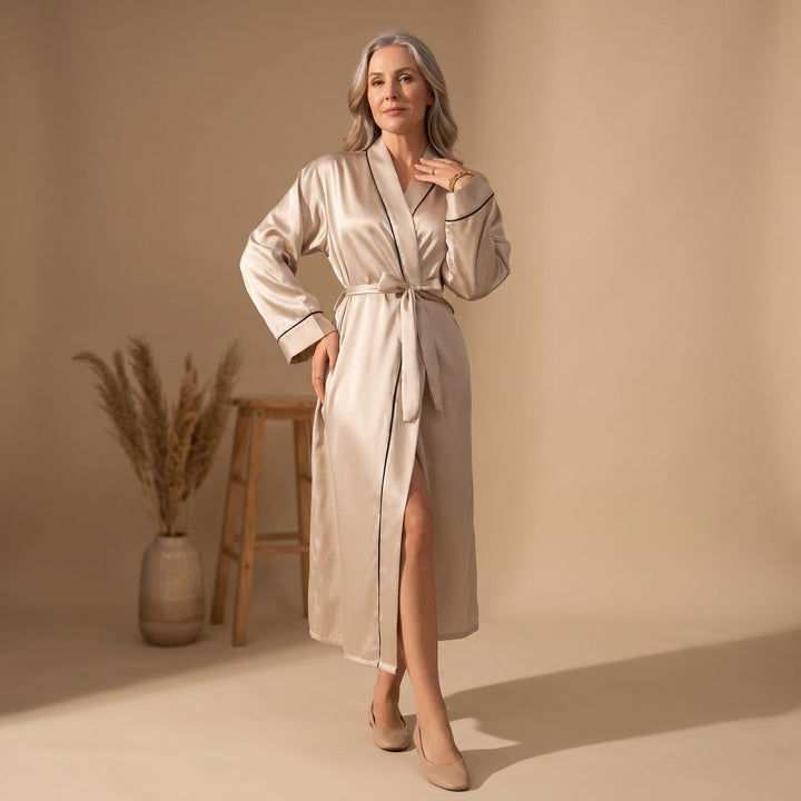 Women's Satin Belted Long-Sleeve Contrast-Trim Robe