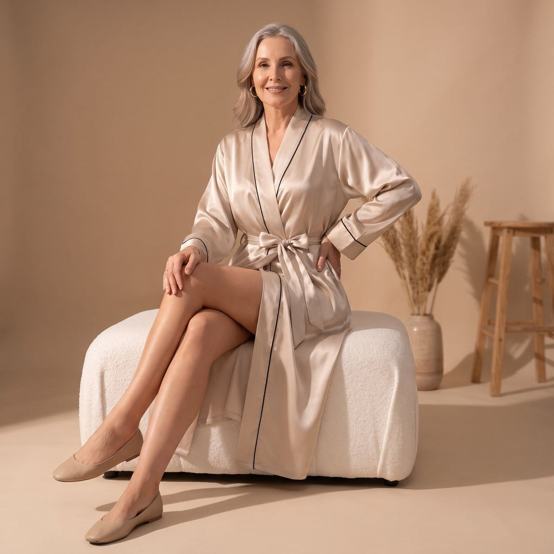 Women's Satin Belted Long-Sleeve Contrast-Trim Robe