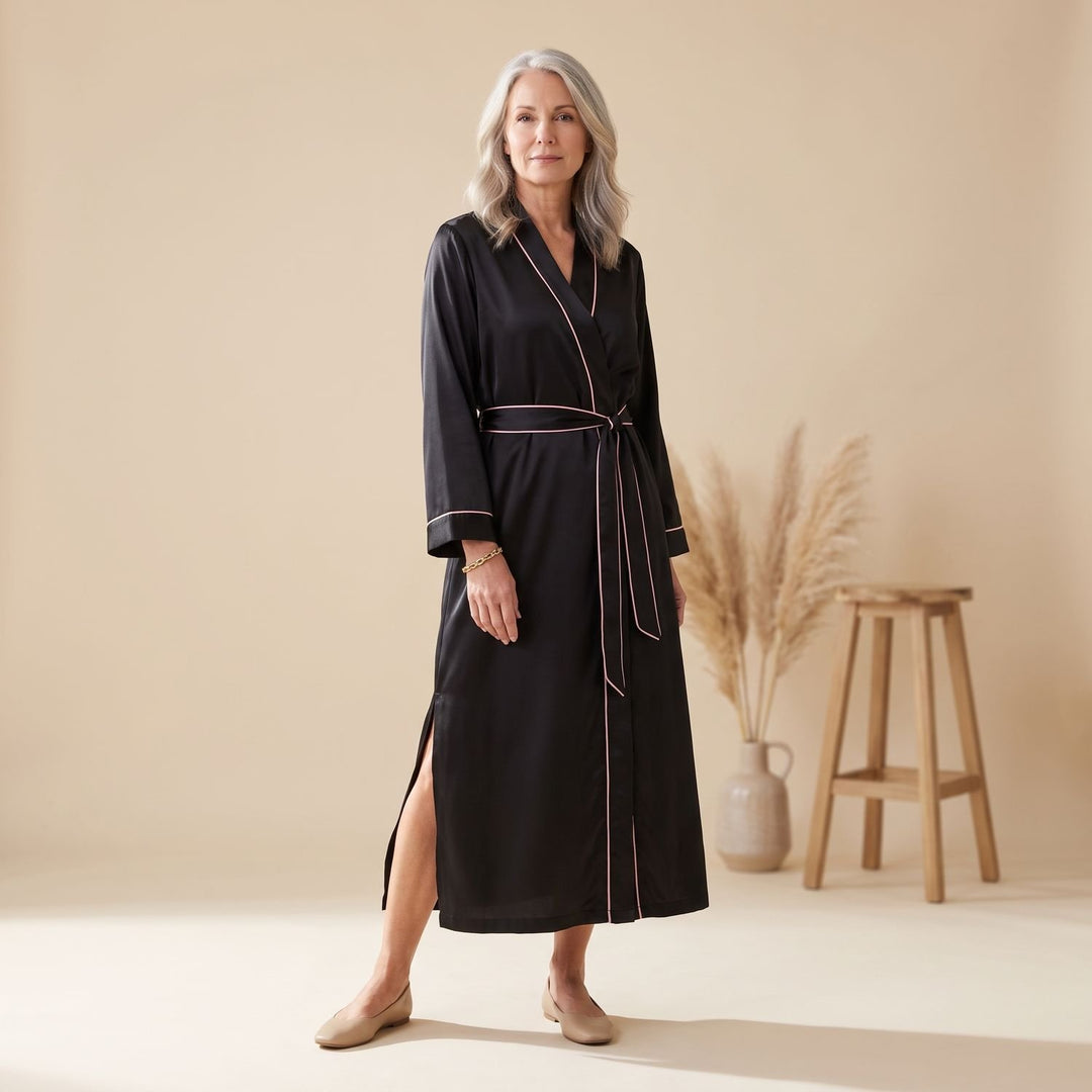 Women's Satin Belted Long-Sleeve Contrast-Trim Robe