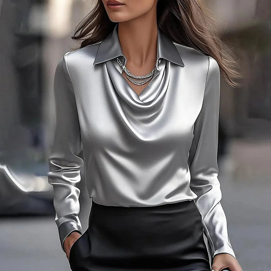 Women's Satin Cowl-Neck Long-Sleeve Blouse Collared Top - Gray